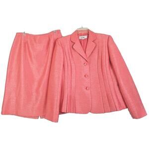 Le Suit~Woman Size 12~Pink 2 PcSuit Skirt/Blazer Button Front Long Sleeve Career